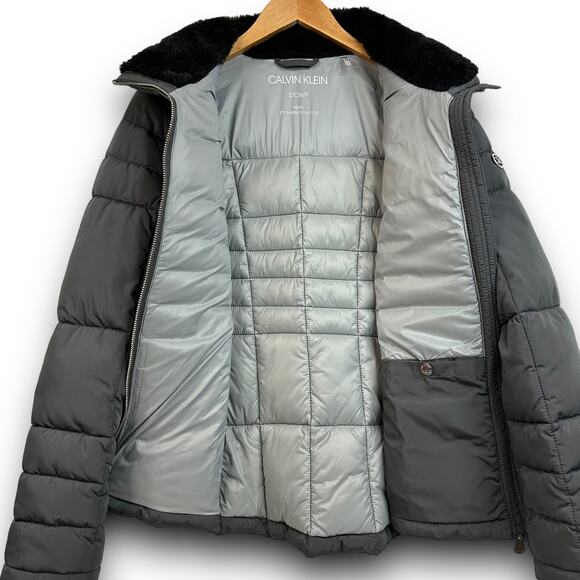 Womens Calvin Klein Repel 2 Degree Puffer Jacket Coat Faux Fur Collar Gray Small - Picture 6 of 10